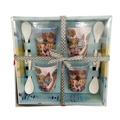 Σετ 4 Κούπες Espresso Με Κουταλάκια Cat And Owl 90 ml 8 cm