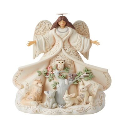 Winter Welcome, One and All (White Woodland Angel with Open Coat & Animals) 24 cm